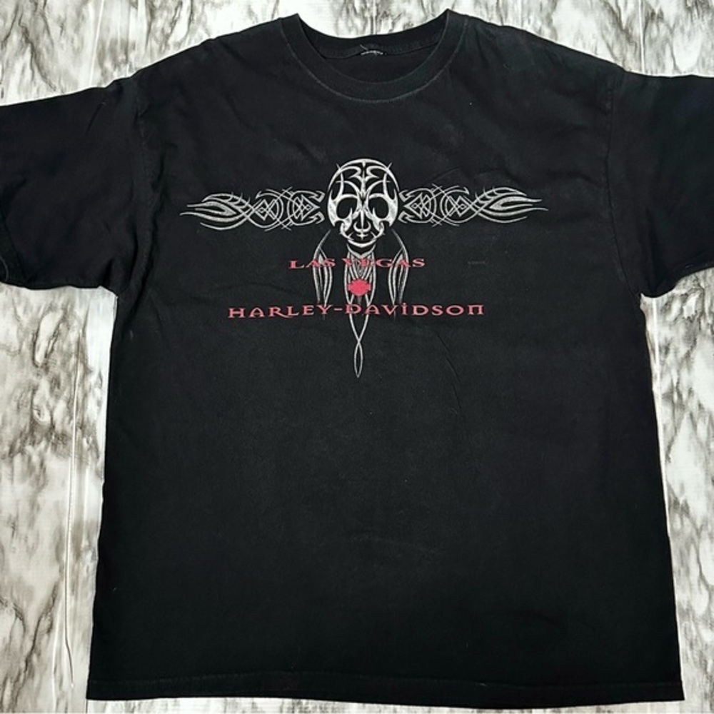 Harley-Davidson Las Vegas Black Red Short Sleeve Tees Bold Graphics Y2K Tribal